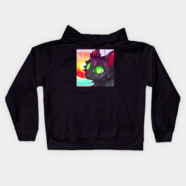 Black cat looking at sunset Kids Hoodie by Meowsiful